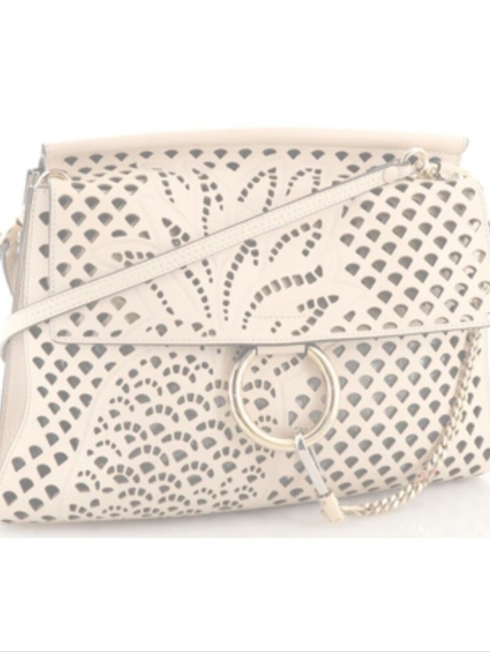 Chloe Faye Shoulder BagCream Laser-Cut Crossbody Bag with Gold Ring Accent